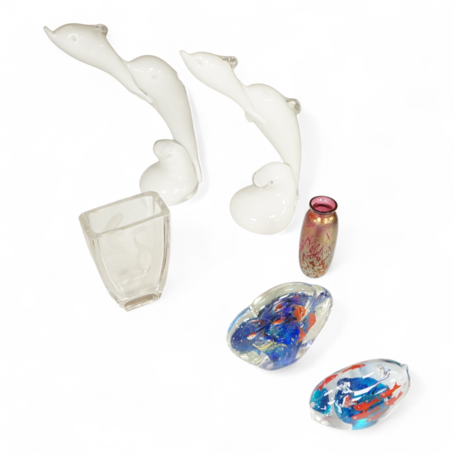 A collection of studio glass, including two glass aquarium ornaments, a pair of Langham dolphins, a Scandinavian fish vase and a smaller vase, largest 34cm high (6)